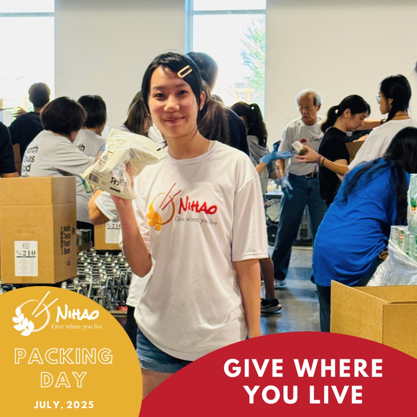 NiHao volunteers packing meal boxes at the North Texas Food Bank